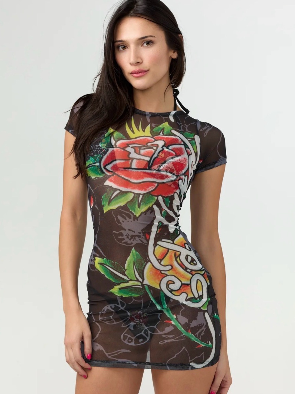 ED HARDY  Goth Pixie-Mesh Sheer Tattoo Rose Graphic Bodycon Mini Dress L